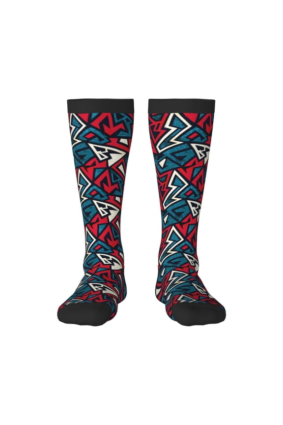 Geometric Elements print thigh-high socks, crafted for both men and women with a stretchy, high-opaque design perfect for daily wear