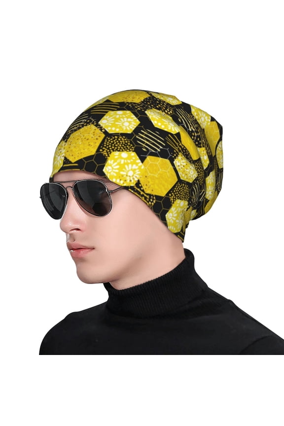 Geometric Pattern with Bee Print Beanie Knitted Hat for Men Women, Winter Fashion Knit Cuffed Caps Unisex