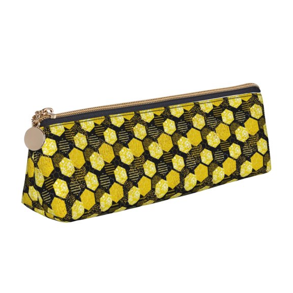 Xecao Geometric Pattern with Bee Print Leather Pencil Case -Stationery Bag Pen Holder for Work & Office