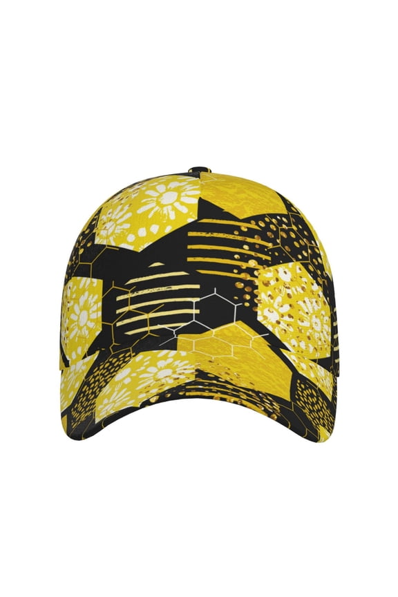 Geometric Pattern with Bee for Baseball Cap: Unisex, crafted from classic polyester twill fabric, featuring a soft unconstructed design