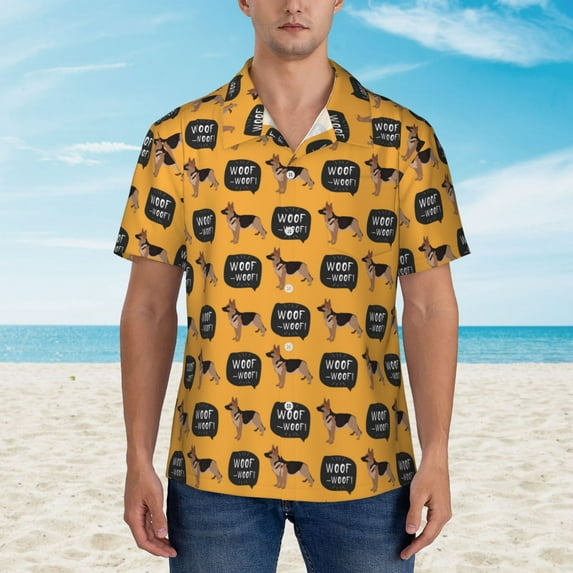 Xecao German Shepherd Woof print Hawaiian shirt - a stylish short-sleeve button-down for men, perfect for casual beach and tropical outings.