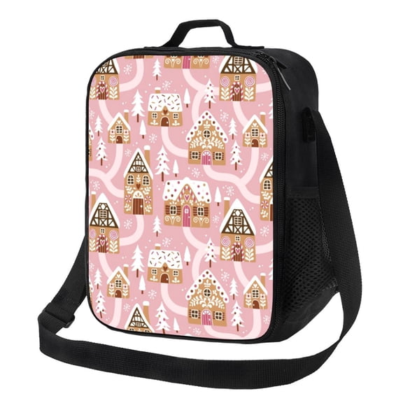 Xecao Gingerbread Houses Pink Wonderland Print Lunch Bag - Durable, Double-Insulated Lunch Bag, Holds Lunch Box, Water Bottle, & Snacks,Leakproof Cooler Tote Bag