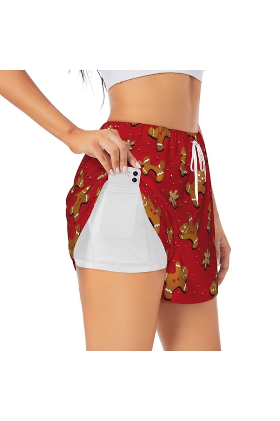 Gingerbread Man for Double-layer Running Short for Women, Perfect for Gym, Tennis, and More, Featuring a Convenient Pocket-XX-Large