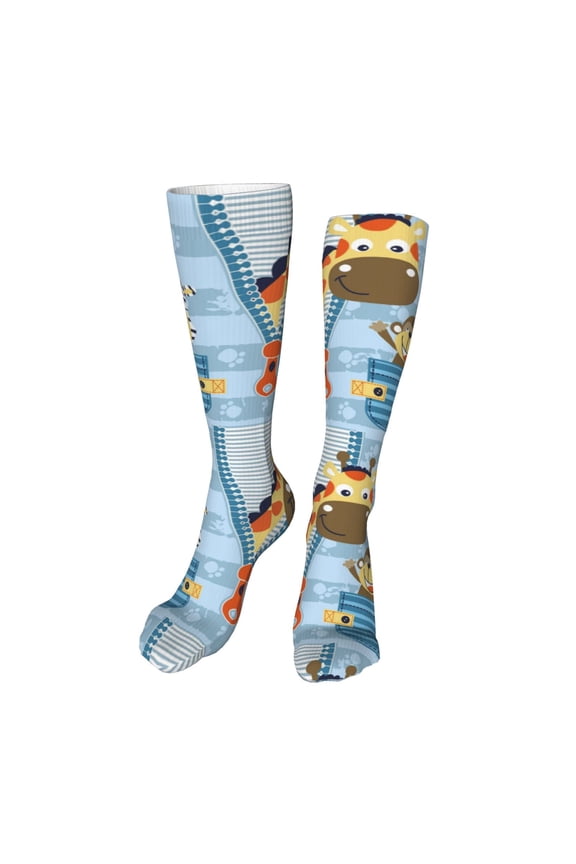 Giraffe Come Out From Zipper Print Calf Socks Seamless Toe, Knee High Long Socks, Sports Socks Trouser Socks for Women and Men-One Size