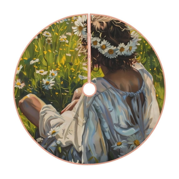 Xecao Girl In Field Of Daisies Pattern Christmas Tree Skirt Round Xmas Tree Mat Base Cover for Holiday Home Decorations-30"
