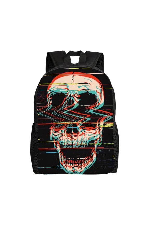 Glitch Screaming Skull Print School Backpack with Laptop Compartment Small Travel Laptop Backpack for Women Men Waterproof College Backpack Simple School Bag