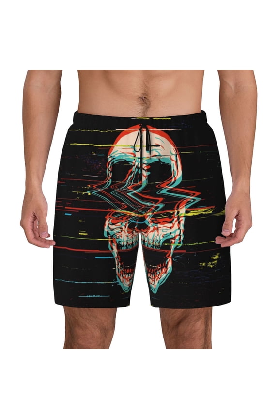 Glitch Screaming Skull for Men's Swimming Trunks Swim Trunks Quick Dry Swim Shorts with Mesh Lining Funny Swimwear Bathing Suits