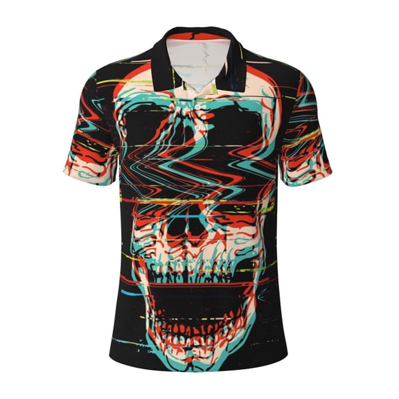 Xecao Glitch Screaming Skull for Mens' Casual Short Sleeve Button-Down Polo Shirts for a Classic Golf Look