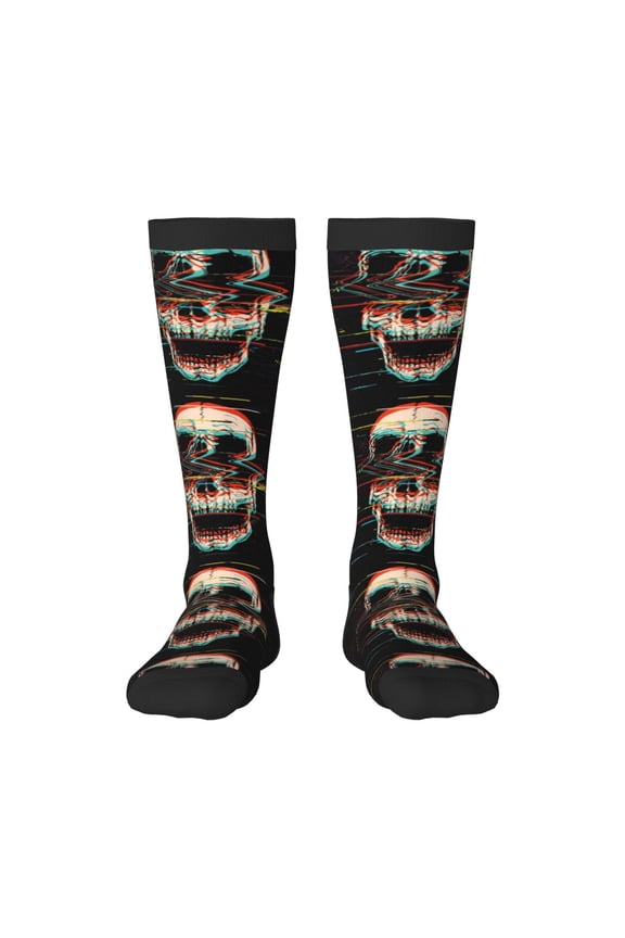 Glitch Screaming Skull print thigh-high socks, crafted for both men and women with a stretchy, high-opaque design perfect for daily wear