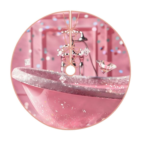 Xecao Glittering Pink Bathtub Pattern Christmas Tree Skirt Round Xmas Tree Mat Base Cover for Holiday Home Decorations-30"
