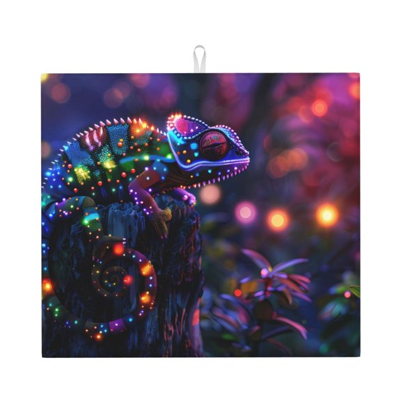 Xecao Glowing Chameleon Fantasy Art Print Dish Drying Mat for Kitchen Counter,Absorbent Coffee Bar Mat, Dish Drainer Rack Mats,Dining Room Decoration