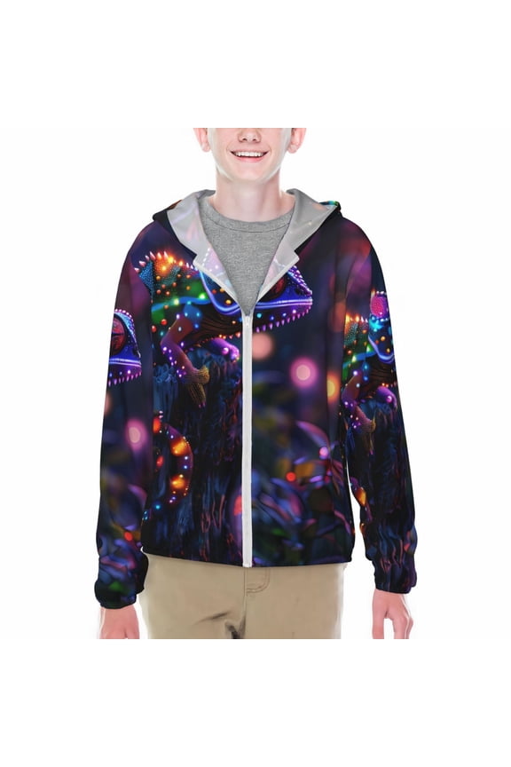 Glowing Chameleon Fantasy Art Print Fishing Shirts for teenager Long Sleeve UV Sun Protection Hoodie with Zipper Outdoor Hiking Shirts-Large