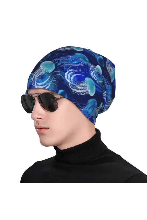 Glowing Jellyfish Pattern Print Beanie Knitted Hat for Men Women, Winter Fashion Knit Cuffed Caps Unisex