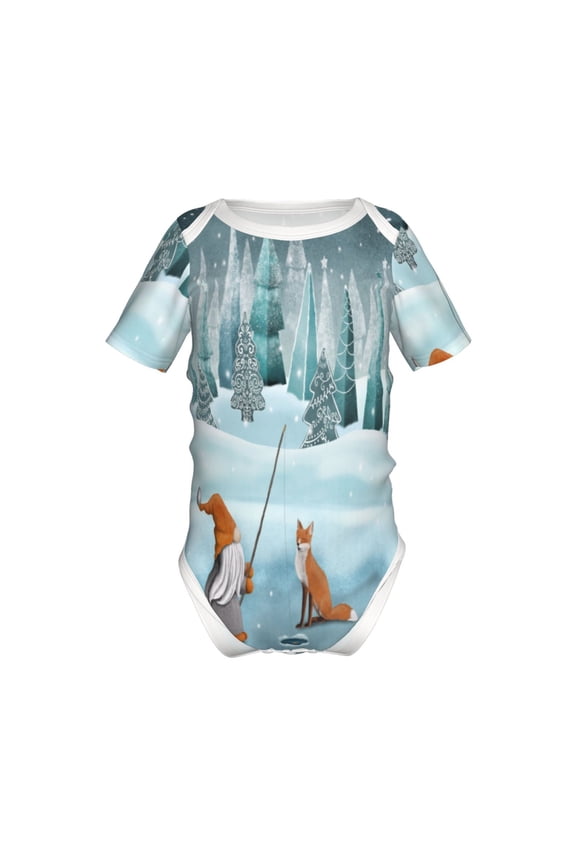 Gnome And Red Fox Fishing Pattern Baby Climbing Bodysuit Short Sleeve Onesie Unisex 0-12 Months Baby Shirt Newborn Outfits Crotch snap design-9M