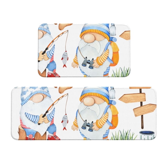 Xecao Gnome Camping Fishing Patten Kitchen Rugs and Mats Sets,2 Pieces Non-Slip Washable Rugs, Kitchen Mat for Floor,Suit for Kitchen Decor and Accessories