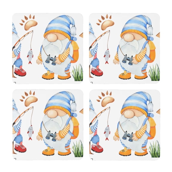 Xecao Gnome Camping Fishing for MDF Cork Coaster 4 Pcs,Drink Coasters,Suit for House Warming Gifts New Home ,Coffee Table Decor-Square