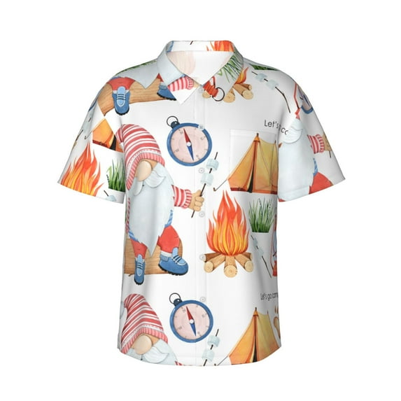 Xecao Gnome Camping Fishing print Hawaiian shirt - a stylish short-sleeve button-down for men, perfect for casual beach and tropical outings.