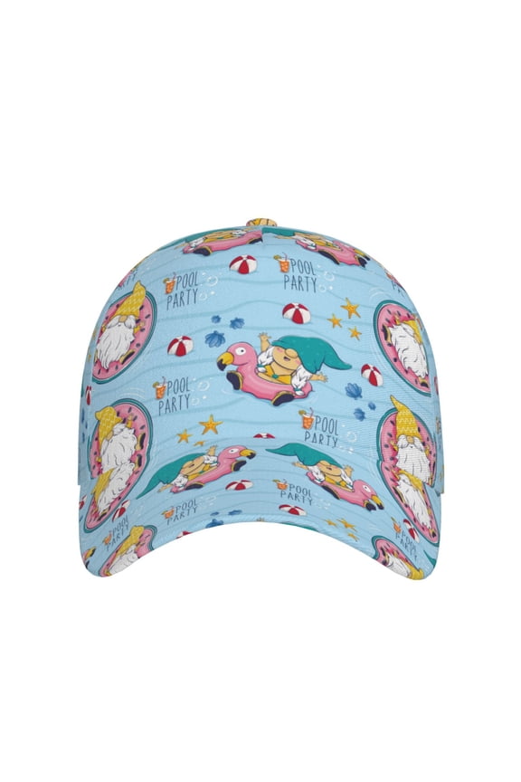 Gnome Pool Party for Baseball Cap: Unisex, crafted from classic polyester twill fabric, featuring a soft unconstructed design
