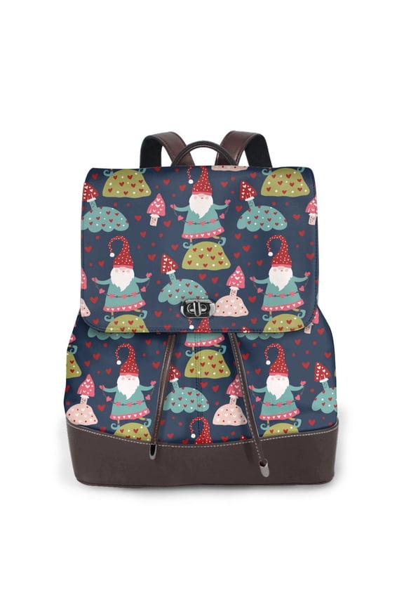 Gnome With Mushroom Print Large Backpack Soft Leather for Women Travel with Compartment, Adjustable Convertible Strap
