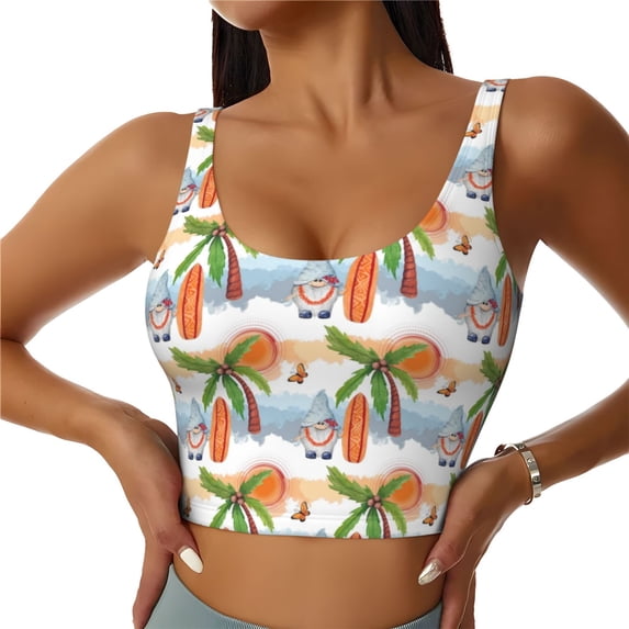 Xecao Gnome and Surfing for Sports Bra with Removable Pads, Crop Tank Top Design, Women's Longline Sports Bra - Non-Wired - Small