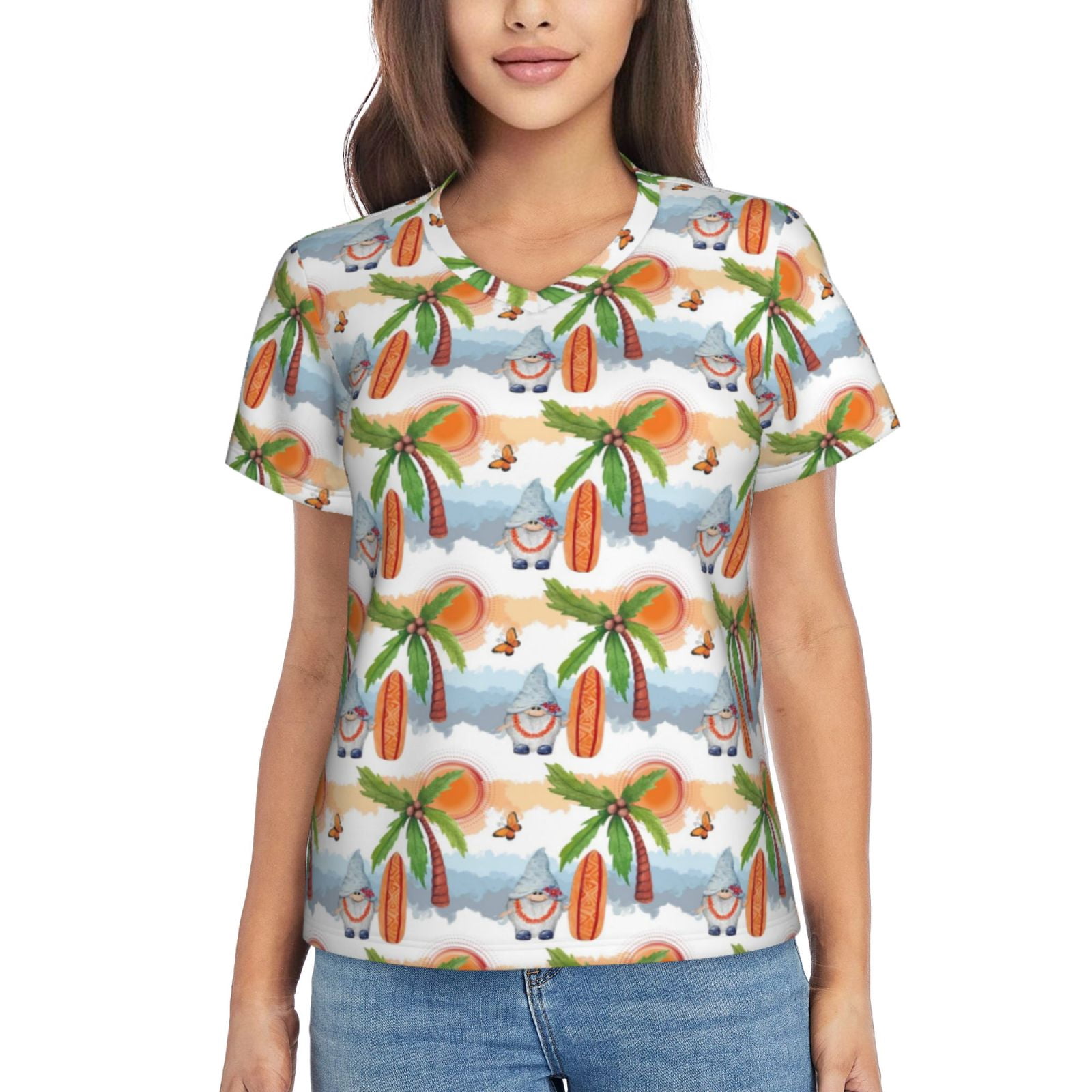 Xecao Gnome and Surfing for Women's V-Neck T-Shirts-Elegant Half-Sleeve Tops Perfect for Summer-X-Large