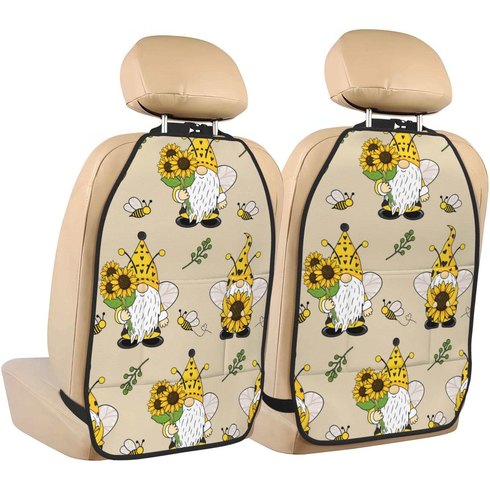 Xecao Gnomes Bees And Sunflowers Pattern Car Seat Back Protector 2 Pack Large Capacity Pocket, Kick Mats Back Seat Protector