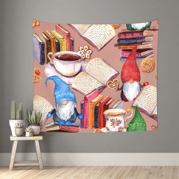 Xecao Gnomes Books Tea Cups patten Tapestry 60x51 Inches Wall Hanging Poster Tapestry for Living Room Bedroom Home Decor