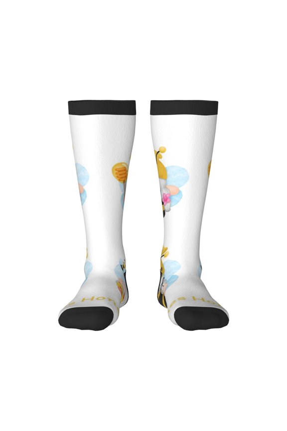 Gnomes Honey Bee print thigh-high socks, crafted for both men and women with a stretchy, high-opaque design perfect for daily wear