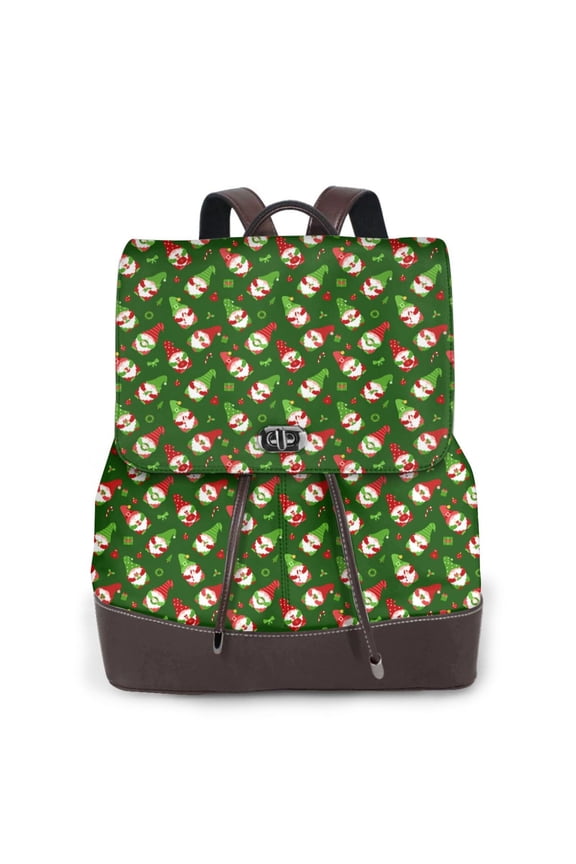 Gnomes In Caps Print Large Backpack Soft Leather for Women Travel with Compartment, Adjustable Convertible Strap