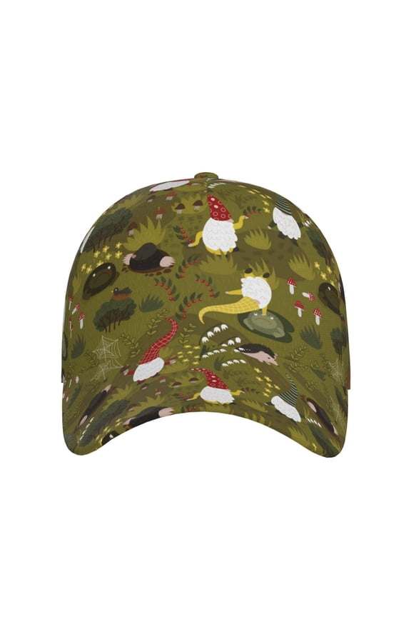 Gnomes Playing in the Garden for Baseball Cap: Unisex, crafted from classic polyester twill fabric, featuring a soft unconstructed design