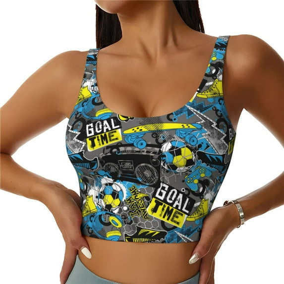 Xecao Goal Time for Sports Bra with Removable Pads, Crop Tank Top Design, Women's Longline Sports Bra - Non-Wired - X-Large
