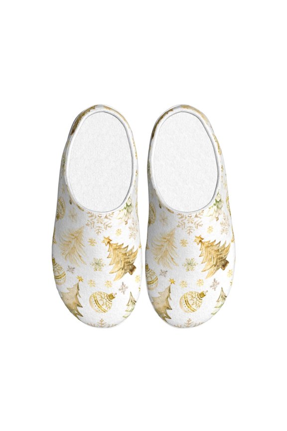 Gold Christmas Tree Print Cotton Slippers Fuzzy Warm Cozy Slippers Non Slip House Slippers For Indoor Outdoor Cotton Slippers House Slippers-11