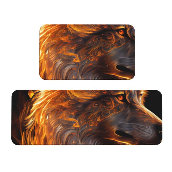 Xecao Gold Flame Pattern Wolf Patten Kitchen Rugs and Mats Sets,2 Pieces Non-Slip Washable Rugs, Kitchen Mat for Floor,Suit for Kitchen Decor and Accessories