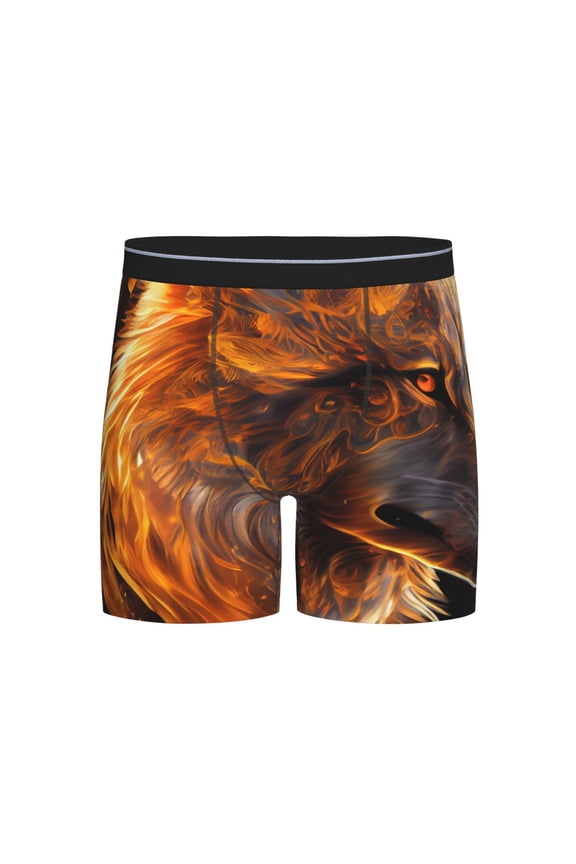 Gold Flame Pattern Wolf Print Boxer Briefs for Men's Stretch Moisture-Wicking Underwear, Mid-Rise Classics breathable fabric
