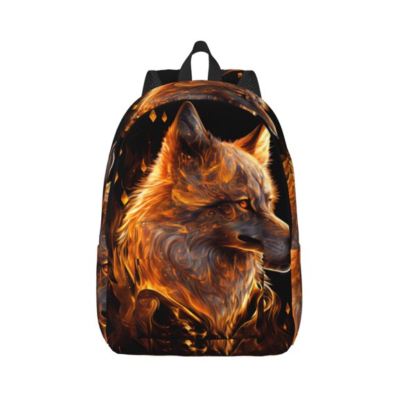 Xecao Gold Flame Pattern Wolf for Canvas College Laptop Backpack, Durable Rucksack Travel Notebook Bag School Backpack Book Bag for Men Women