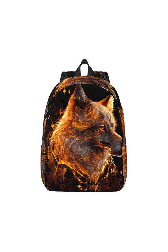 Gold Flame Pattern Wolf for Canvas College Laptop Backpack, Durable Rucksack Travel Notebook Bag School Backpack Book Bag for Men Women