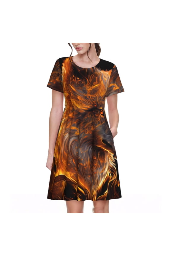 Gold Flame Pattern Wolf for Women Summer Short Sleeve Midi Dress with Pockets Casual Aline Flowy Tshirt Dress Vocation Beach Sundress