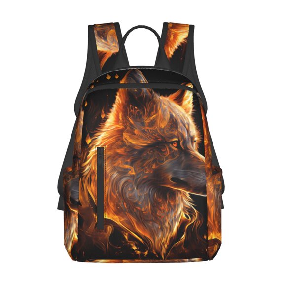 Xecao Gold Flame Pattern Wolf print Backpack For women men Aesthetic Lightweight Travel Daypack Simple Cute Backpack For Bookbag