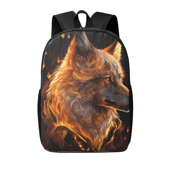 Xecao Gold Flame Pattern Wolf print Travel Backpack, Large Computer Backpack for Men Women, College School Rucksack Book Bag