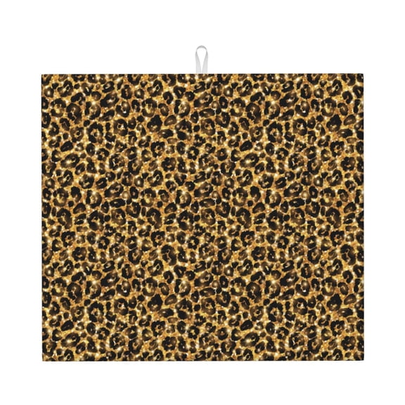 Xecao Gold Glitter Leopard Print Dish Drying Mat for Kitchen Counter,Absorbent Coffee Bar Mat, Dish Drainer Rack Mats,Dining Room Decoration