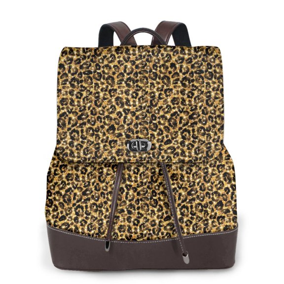 Xecao Gold Glitter Leopard Print Large Backpack Soft Leather for Women Travel with Compartment, Adjustable Convertible Strap