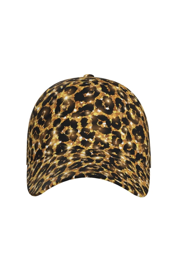 Gold Glitter Leopard for Baseball Cap: Unisex, crafted from classic polyester twill fabric, featuring a soft unconstructed design