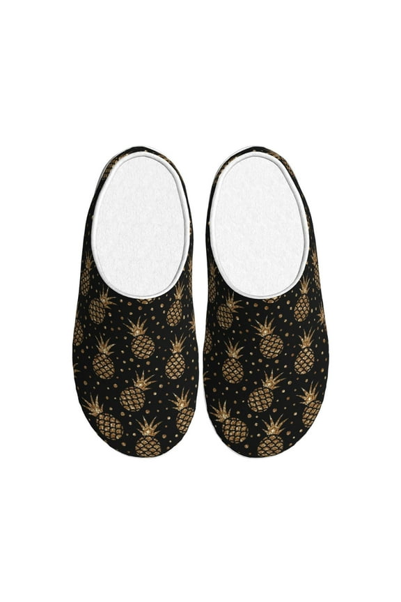 Gold Glitter Pineapples Print Cotton Slippers Fuzzy Warm Cozy Slippers Non Slip House Slippers For Indoor Outdoor Cotton Slippers House Slippers-11
