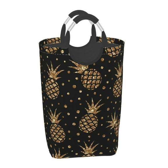 Xecao Gold Glitter Pineapples for Laundry Basket,Collapsible Large Laundry Hamper,Wash Bag for Laundry Room, Rolling Laundry Basket with Handles