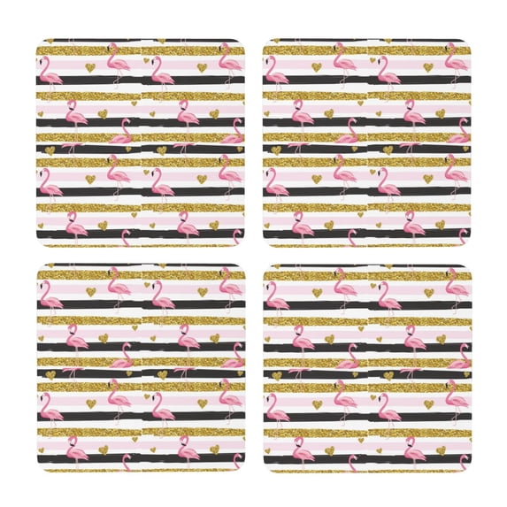 Xecao Gold Glittering Hearts and Flamingos for MDF Cork Coaster 4 Pcs,Drink Coasters,Suit for House Warming Gifts New Home ,Coffee Table Decor-Square