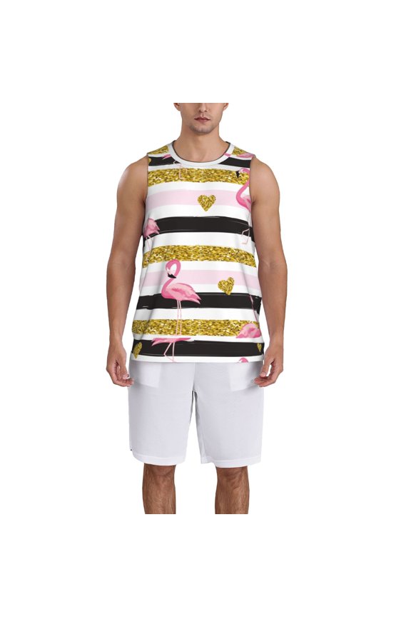 Gold Glittering Hearts and Flamingos print basketball shirt for both men and women, a unisex basketball jersey perfect for theme parties-Large