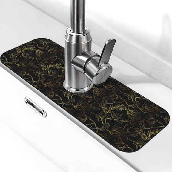 Xecao Gold Gloss Outline Floral for Kitchen Sink Splash Guard Faucet Mat , Faucet Guard & Draining mat, (15" X 5.5" )