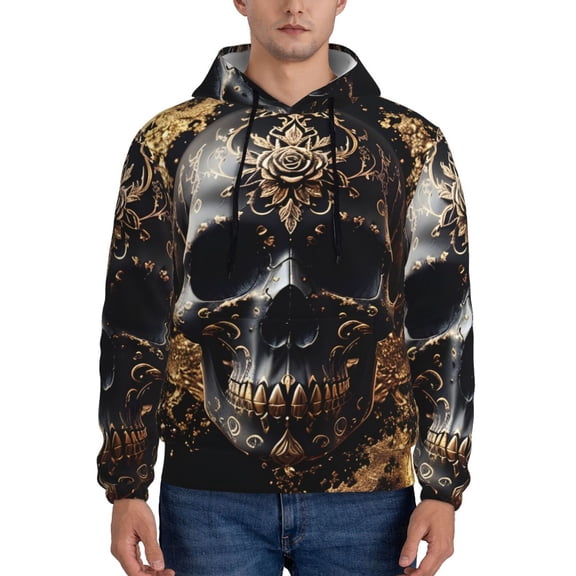 Xecao Gold Pattern Black Skull Pattern Men's Adult Pullover Hoodie,Hooded Sweatshirt-XX-Large