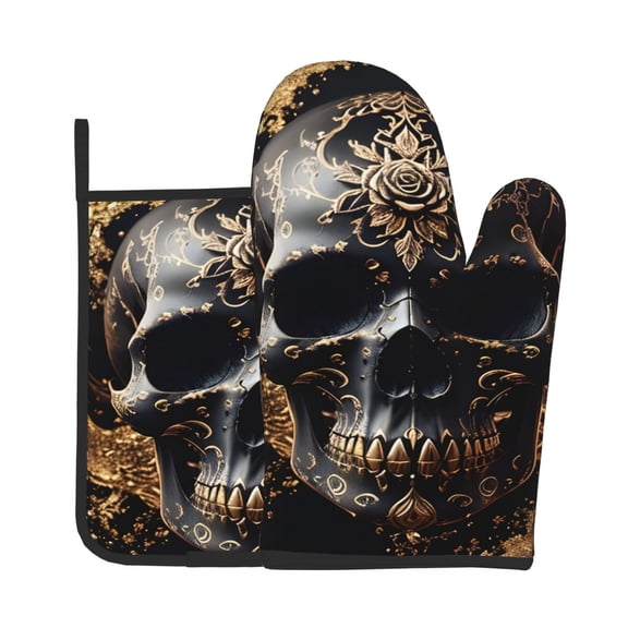 Xecao Gold Pattern Black Skull Pattern Oven Mitts and Pot Holders Sets Heat Resistant Silicone Oven Mittens Extra Thicken Long Kitchen Cotton Oven Glove for Cooking