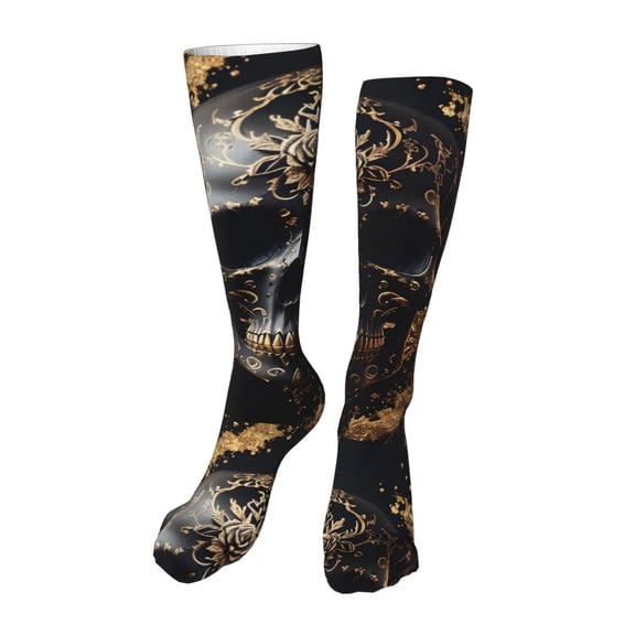 Xecao Gold Pattern Black Skull Print Calf Socks Seamless Toe, Knee High Long Socks, Sports Socks Trouser Socks for Women and Men-One Size